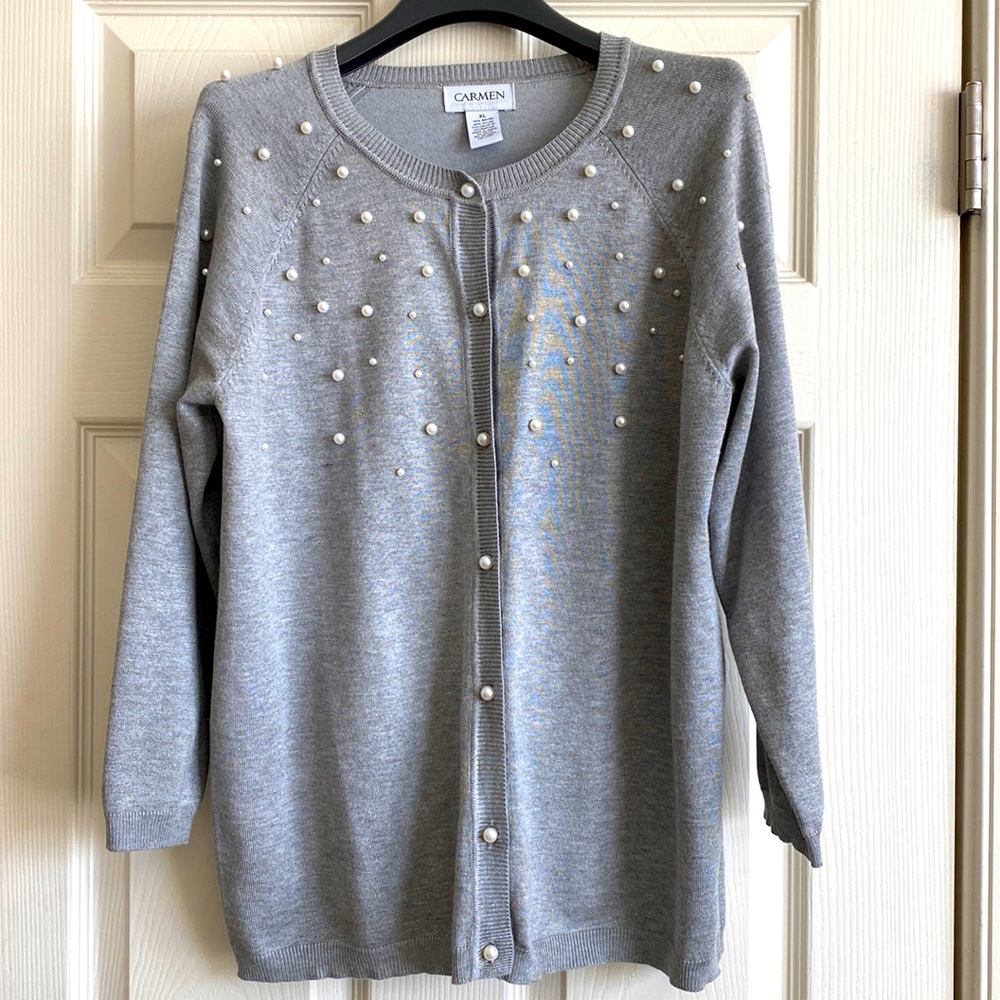 EAC - Grey cardigan with beaded pearl embellishments.